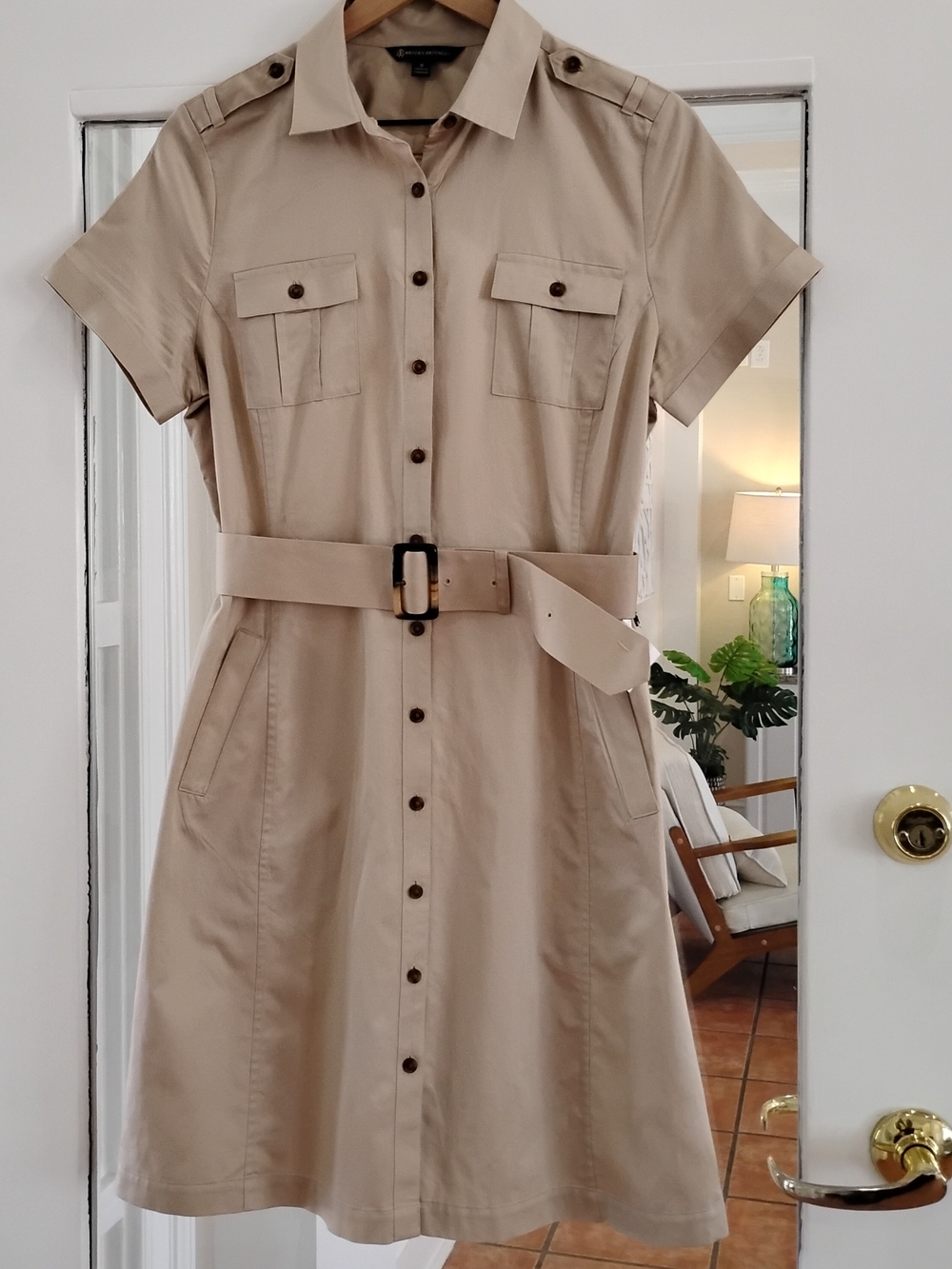 Brooks Brothers Tan Short-Sleeve Belted Shirt Dress